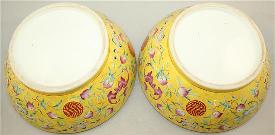 A pair of Chinese famille rose yellow ground boxes and covers, second half 19th century, 24.5cm diam.